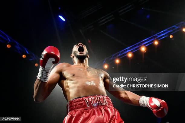 France's Tony Yoka celebrates after winning his Heavy weight boxing bout against Belgium's Ali Baghouz, on December 16, 2017 in Boulogne-Billancourt....