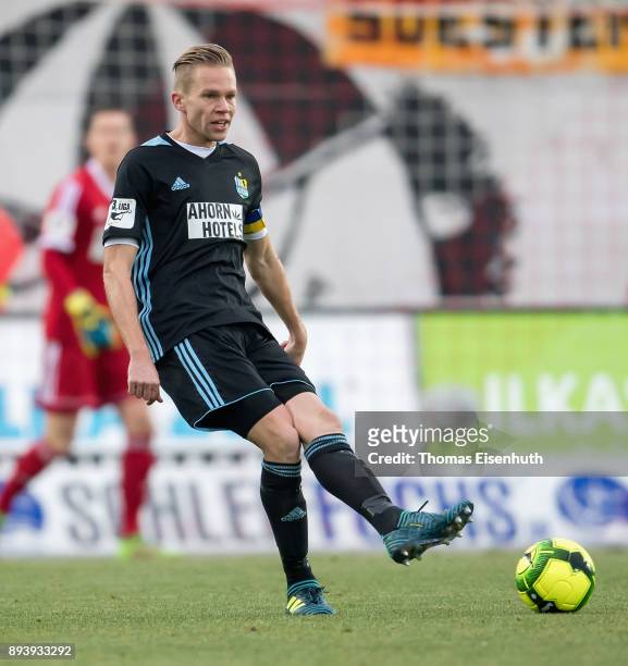 Dennis Grote of Chemnitz plays the ball during the 3. Liga match between FSV Zwickau and Chemnitzer FC at Stadion Zwickau on December 16, 2017 in...