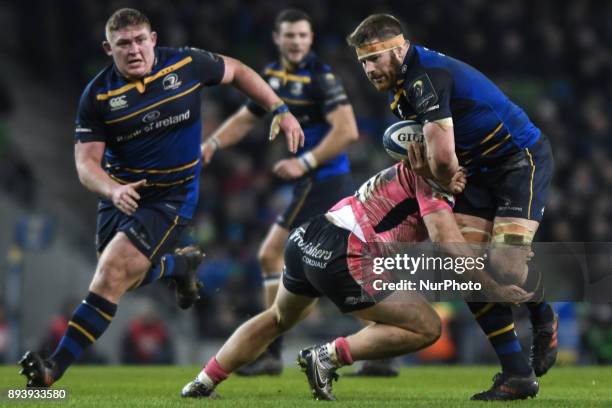 Sean OBrien of Leinster team in action challenged by Sam Simmonds of Exeter Chiefs during the European Rugby Champions Cup rugby match at Aviva...