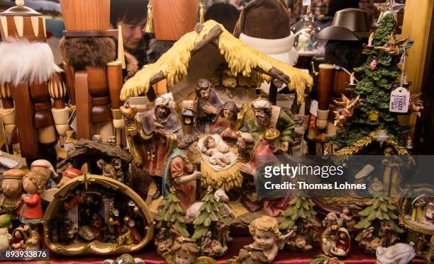 Christmas crib pictured at the annual Christmas market at Roemerberg on December 16, 2017 in Frankfurt, Germany. Christmas markets are an essential...