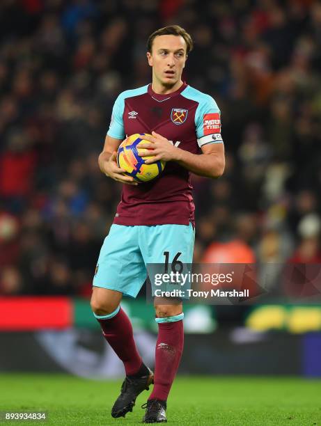 Mark Noble of West Ham United prepares to take a penalty during the Premier League match between Stoke City and West Ham United at Bet365 Stadium on...