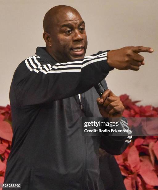 Los Angeles Lakers president of basketball operations Magic Johnson speaks osntage at the 6th Annual Ladylike Day at UCLA Panel and Program at UCLA...