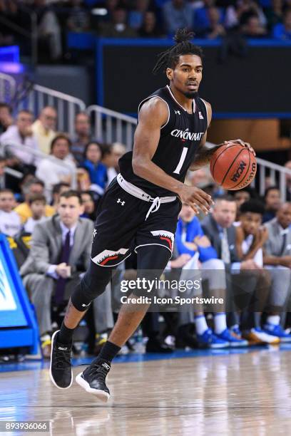 Cincinnati guard Jacob Evans brings the ball up the court during an college basketball game between the Cincinnati Bearcats and the UCLA Bruins on...