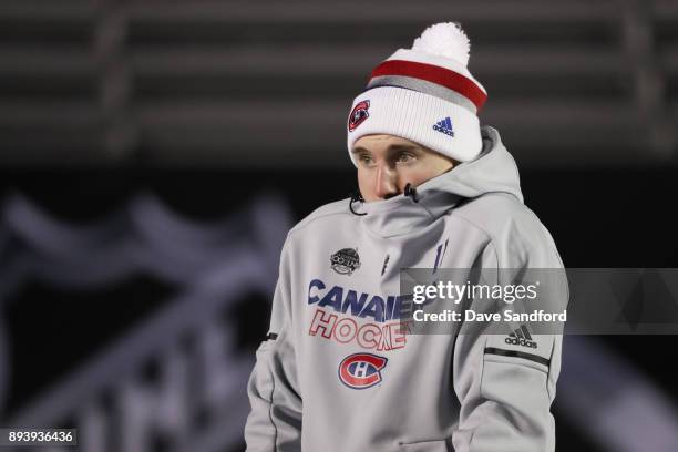 Brendan Gallagher of the Montreal Canadiens tries to stay warm in advance of the 2017 Scotiabank NHL100 Classic at Lansdowne Park on December 16,...