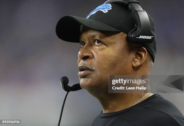 Head coach Jim Caldwell of the Detroit Lions watches his team during the first half against the Chicago Bears at Ford Field on December 16, 2017 in...