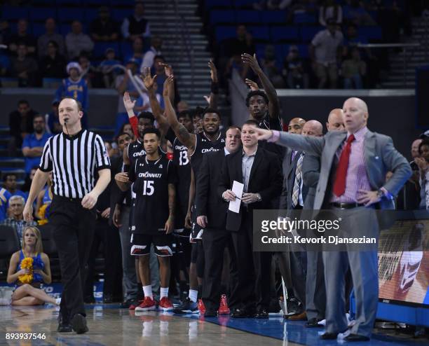 Cincinnati Bearcats players celebrate from the bench after they defeated the UCLA Bruins, 77-63, at Pauley Pavilion on December 16, 2017 in Los...
