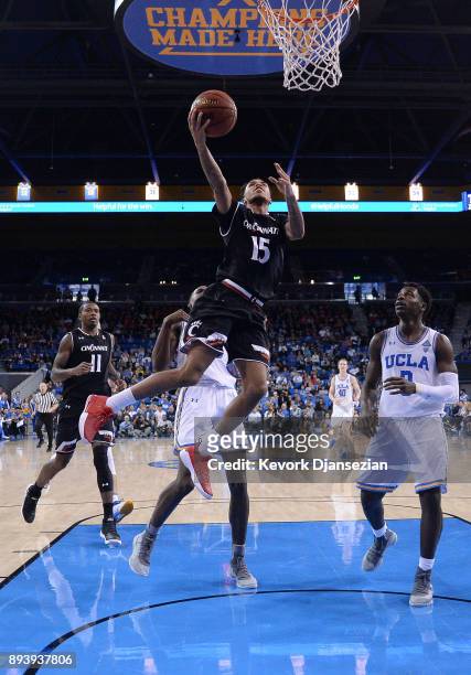 Cane Broome of the Cincinnati Bearcats score a basket against Aaron Holiday of the UCLA Bruins during the second half at Pauley Pavilion on December...
