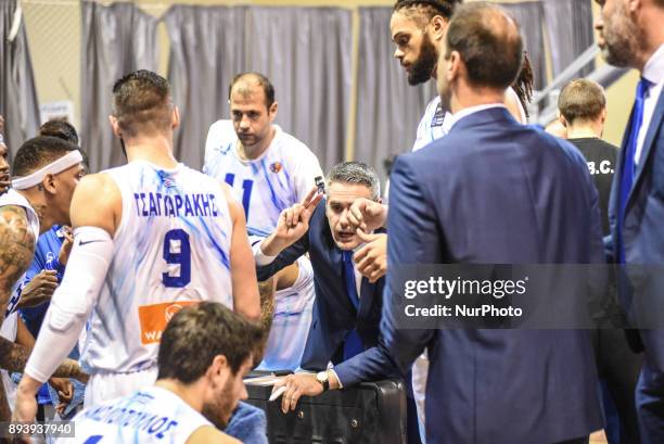 Glimpse to the coaching zone of Kymi during a timeout during Championship Basket League match between G.S.Kymis and Aris BC at Kanithou...