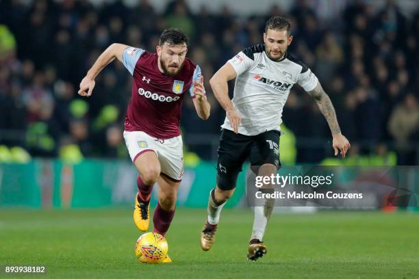 Robert Snodgrass of Aston Villa competes with Bradley Johnson of Derby County during the Sky Bet Championship match between Derby County and Aston...