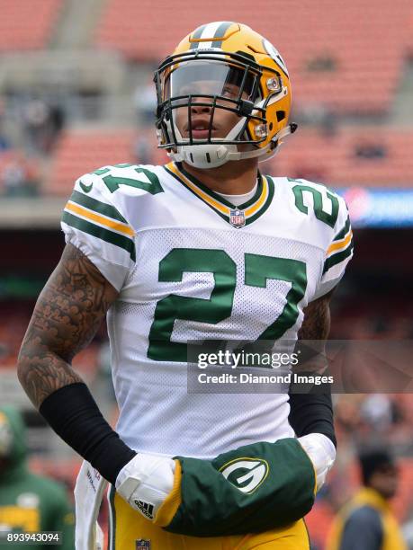 Safety Josh Jones of the Green Bay Packers runs off the field prior to a game on December 10, 2017 against the Cleveland Browns at FirstEnergy...