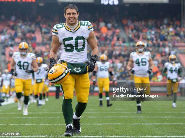 Linebacker Blake Martinez of the Green Bay Packers walks toward the endzone prior to a game on December 10, 2017 against the Cleveland Browns at...