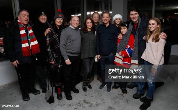 Gary Bettman, Justin Trudeau, Bryan Adams, and Eugene Melnyk pose for a group photo prior to the 2017 Scotiabank NHL 100 Classic between the Montreal...