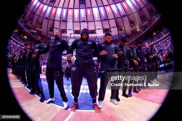 Carmelo Anthony of the Oklahoma City Thunder honors the National Anthem before the game against the New York Knicks on December 16, 2017 at Madison...