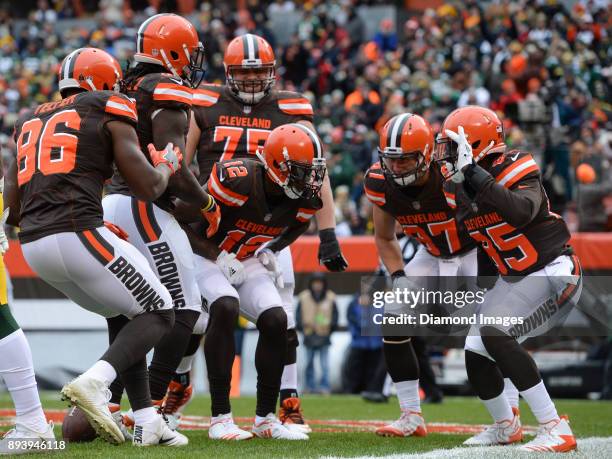 Wide receiver Josh Gordon of the Cleveland Browns celebrates with teammates after catching a touchdown pass in the first quarter of a game on...