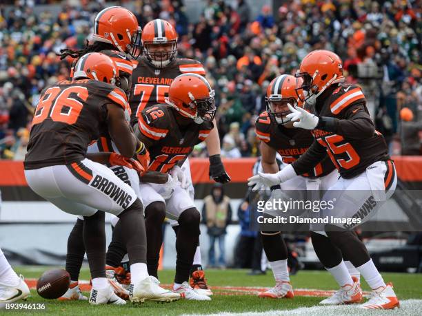 Wide receiver Josh Gordon of the Cleveland Browns celebrates with teammates after catching a touchdown pass in the first quarter of a game on...
