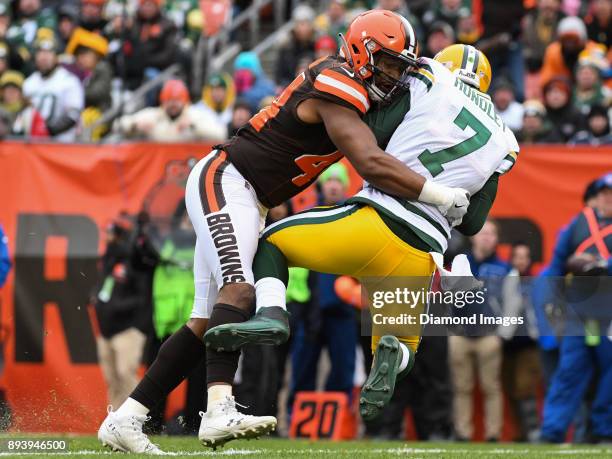 Defensive lineman Nate Orchard of the Cleveland Browns sacks quarterback Brett Hundley of the Green Bay Packers in the first quarter of a game on...