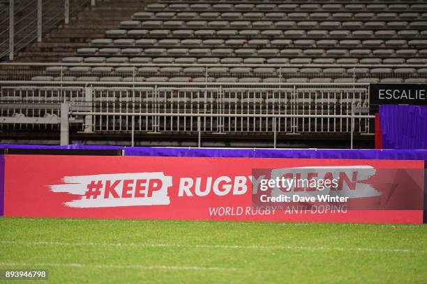 Advertising boards during the European Rugby Challenge Cup match between Lyon OU and Stade Toulousain at Stade Gerland on December 16, 2017 in Lyon,...
