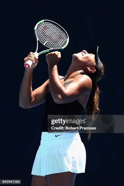 Destanee Aiava of Australia celebrates a win in her match against Tammi Patterson of Australia during the Australian Open December Showdown at...