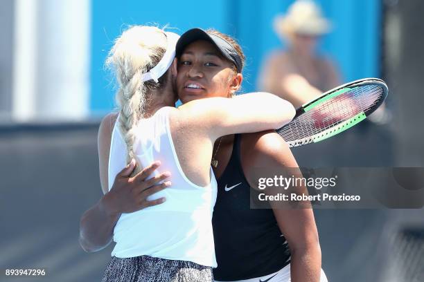 Destanee Aiava of Australia celebrates a win in her match against Tammi Patterson of Australia during the Australian Open December Showdown at...