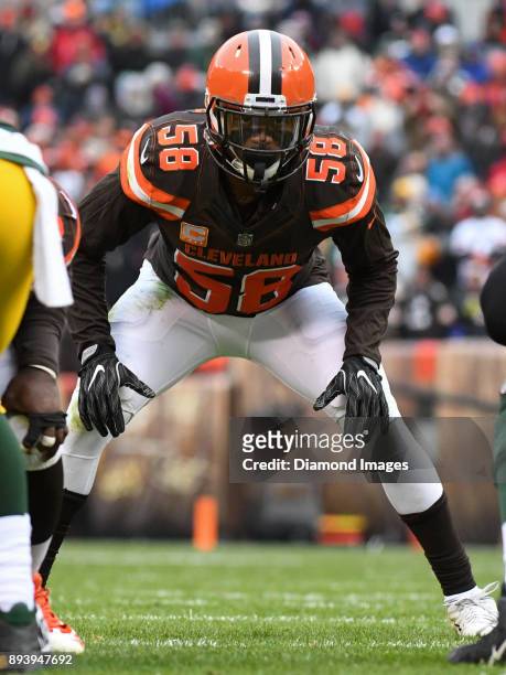 Linebacker Christian Kirksey of the Cleveland Browns awaits the snap from his position in the first quarter of a game on December 10, 2017 against...