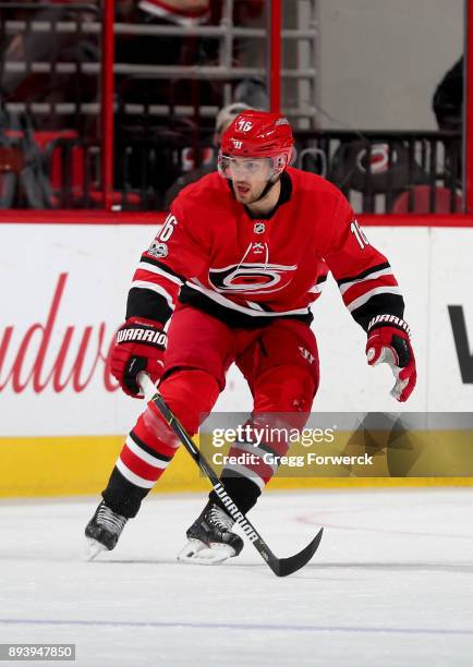 Marcus Kruger of the Carolina Hurricanes skates for position during an NHL game against the Columbus Blue Jackets on December 16, 2017 at PNC Arena...