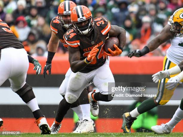 Running back Isaiah Crowell of the Cleveland Browns carries the ball downfield in the second quarter of a game on December 10, 2017 against the Green...