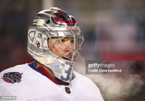 Carey Price of the Montreal Canadiens looks on in a game against the Ottawa Senators during the 2017 Scotiabank NHL100 Classic at Lansdowne Park on...