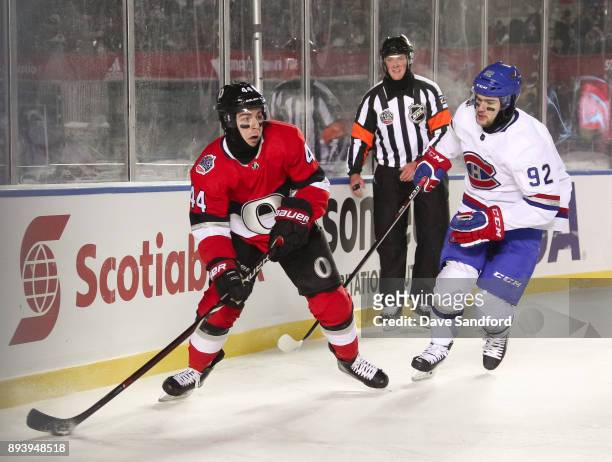 Jean-Gabriel Pageau of the Ottawa Senators stickhandles the puck away from Jonathan Drouin of the Montreal Canadiens during the 2017 Scotiabank...