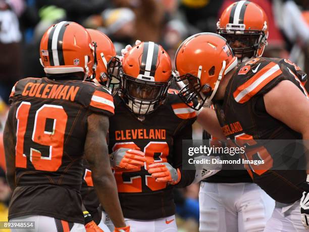 Running back Duke Johnson Jr. #29 of the Cleveland Browns celebrates with wide receiver Corey Coleman, running back Isaiah Crowell, wide receiver...