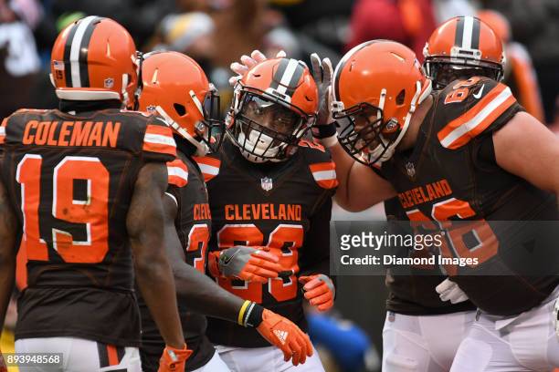 Running back Duke Johnson Jr. #29 of the Cleveland Browns celebrates with wide receiver Corey Coleman, running back Isaiah Crowell, wide receiver...