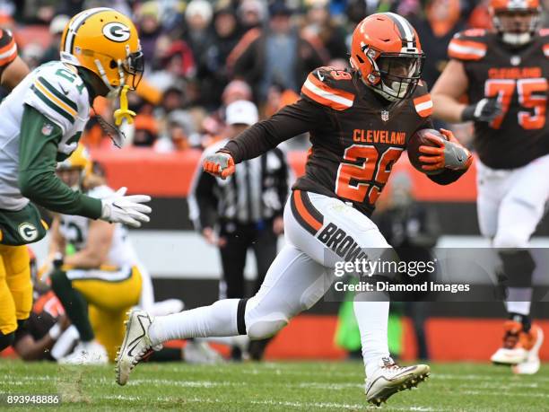 Running back Duke Johnson Jr. #29 of the Cleveland Browns carries the ball downfield in the second quarter of a game on December 10, 2017 against the...