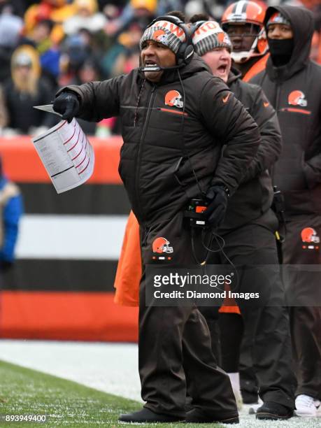 Head coach Hue Jackson of the Cleveland Browns yells toward players from the sideline in the second quarter of a game on December 10, 2017 against...