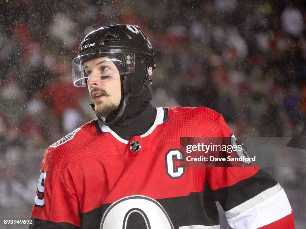 Erik Karlsson of the Ottawa Senators looks on in a game against the Montreal Canadiens during the 2017 Scotiabank NHL100 Classic at Lansdowne Park on...