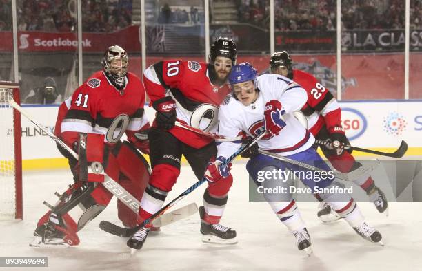Brendan Gallagher of the Montreal Canadiens battles for position with Tom Pyatt of the Ottawa Senators in front of teammate Craig Anderson during the...