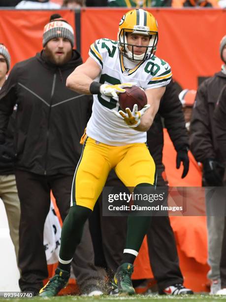 Wide receiver Jordy Nelson of the Green Bay Packers catches a pass in the third quarter of a game on December 10, 2017 against the Cleveland Browns...
