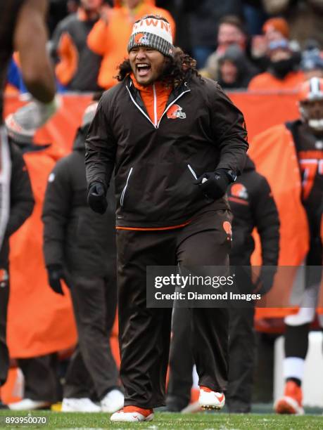 Defensive tackle Danny Shelton of the Cleveland Browns celebrates a fourth down stop by the defense in the third quarter of a game on December 10,...