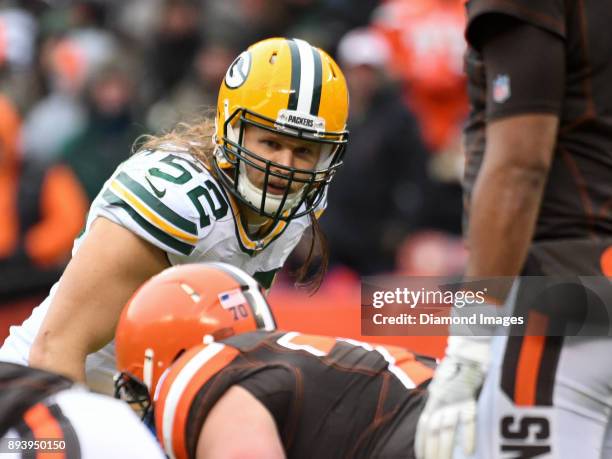 Linebacker Clay Matthews of the Green Bay Packers awaits the snap from his position in the third quarter of a game on December 10, 2017 against the...