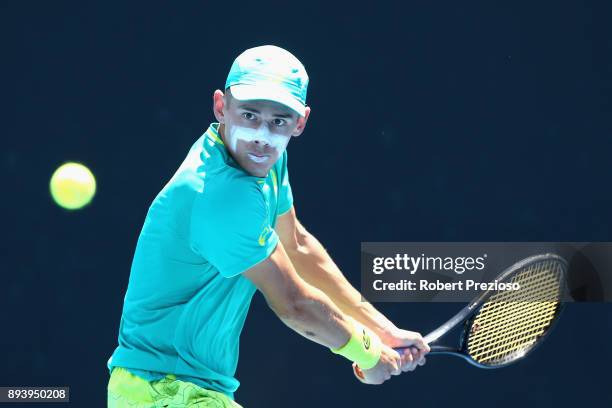 Alex De Minaur of Australia competes in his match against Alex Bolt of Australia during the Australian Open December Showdown at Melbourne Park on...