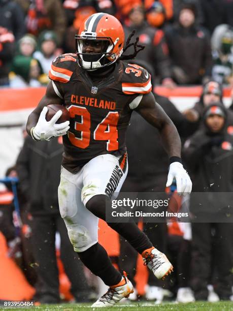 Running back Isaiah Crowell of the Cleveland Browns carries the ball downfield in the third quarter of a game on December 10, 2017 against the Green...