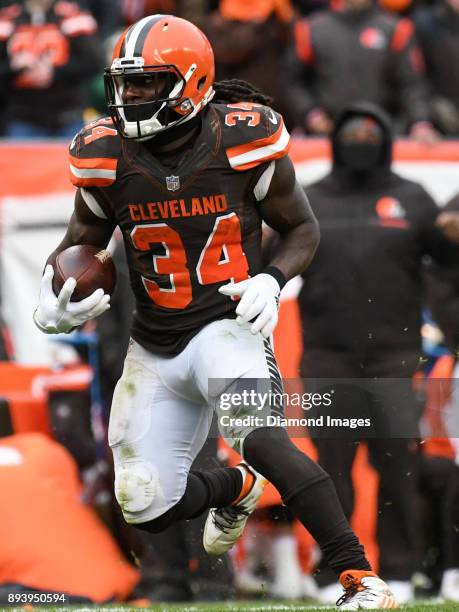 Running back Isaiah Crowell of the Cleveland Browns carries the ball downfield in the third quarter of a game on December 10, 2017 against the Green...