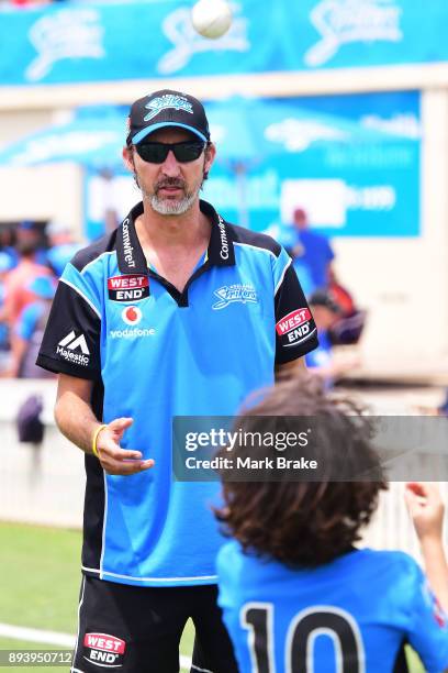 Jason Gillespie during the Women's Big Bash League match between the Adelaide Strikers and the Melbourne Renegades at Gliderol Stadium on December...