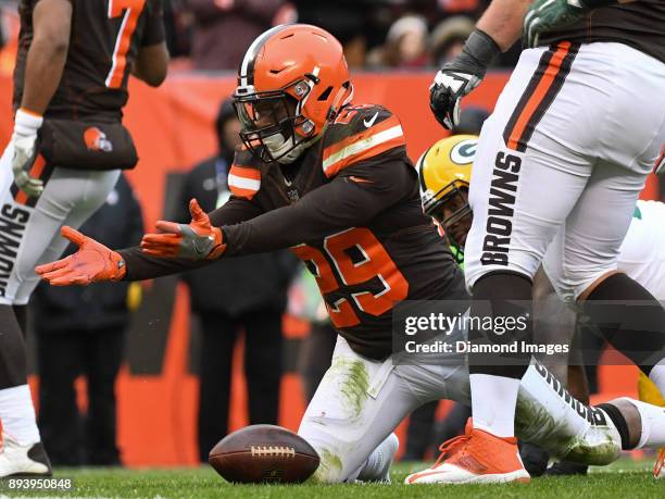 Running back Duke Johnson Jr. #29 of the Cleveland Browns reacts to being tackled short of the goal line in the third quarter of a game on December...