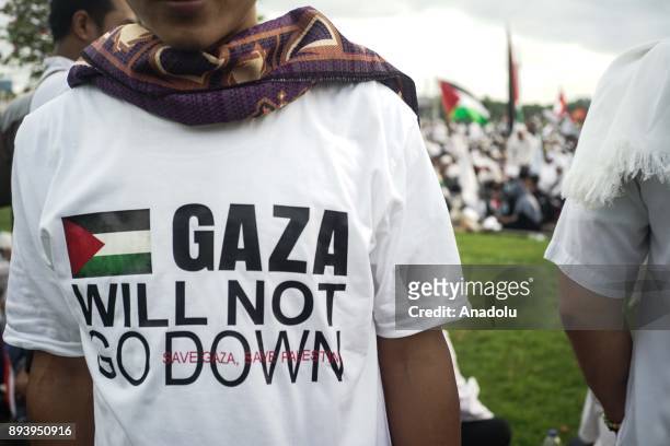 Protester wear Palestine t-shirt Gaza "will not go down" in the demonstration to support Palestine at National Monument in Jakarta, Indonesia on...