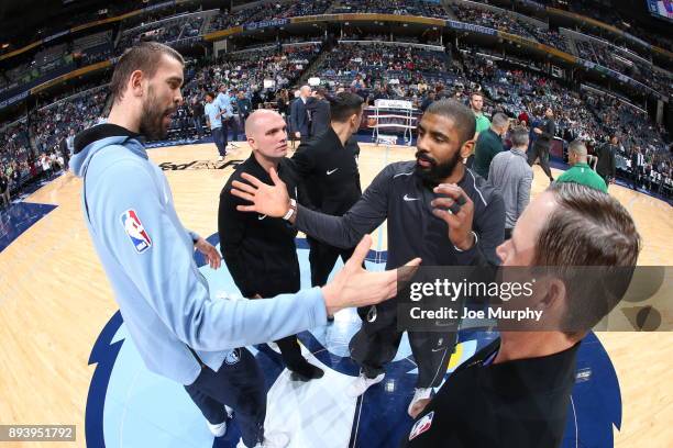 Marc Gasol of the Memphis Grizzlies and Kyrie Irving of the Boston Celtics shake hands before the game on December 16, 2017 at FedEx Forum in...