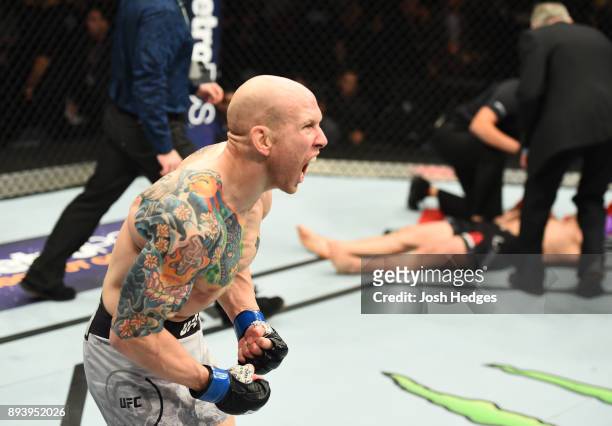 Josh Emmett celebrates his knockout victory over Ricardo Lamas in their featherweight bout during the UFC Fight Night event at Bell MTS Place on...