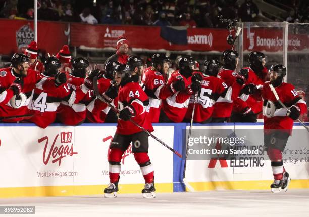 Jean-Gabriel Pageau of the Ottawa Senators high fives the bench after scoring a second period goal on the Montreal Canadiens during the 2017...