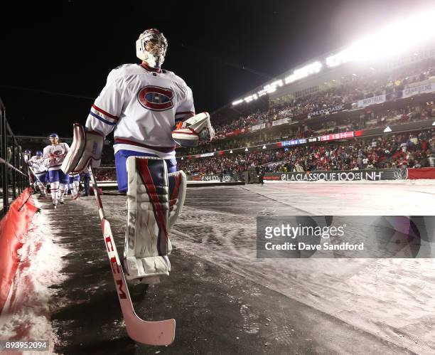 Carey Price of the Montreal Canadiens leaves the ice after the second period in a game against the Ottawa Senators during the 2017 Scotiabank NHL100...