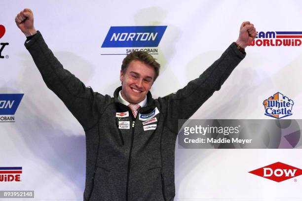 Tucker West reacts as he is announced as a nominee to the USA Olympic team are presented during the Ice Ball at the Conference Center at Lake Placid...