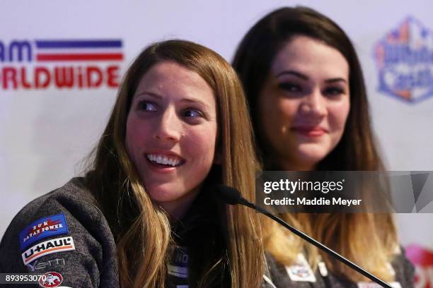 Erin Hamlin speaks to fans during the Ice Ball to honor the nominees to the USA Olympic team at the Conference Center at Lake Placid on December 16,...