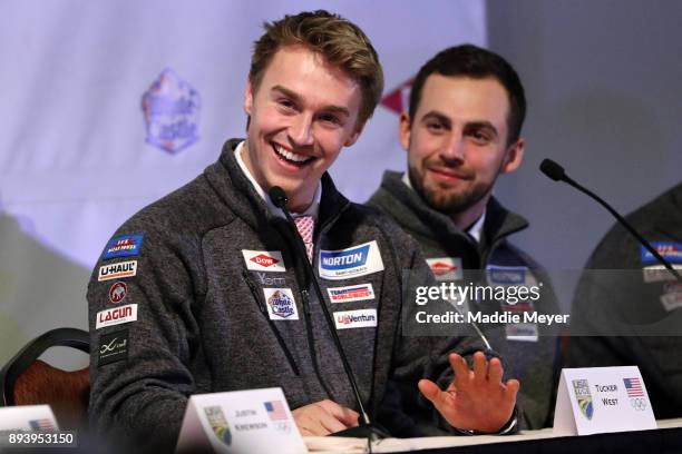 Tucker West speaks to fans during the Ice Ball to honor the nominees to the USA Olympic team at the Conference Center at Lake Placid on December 16,...